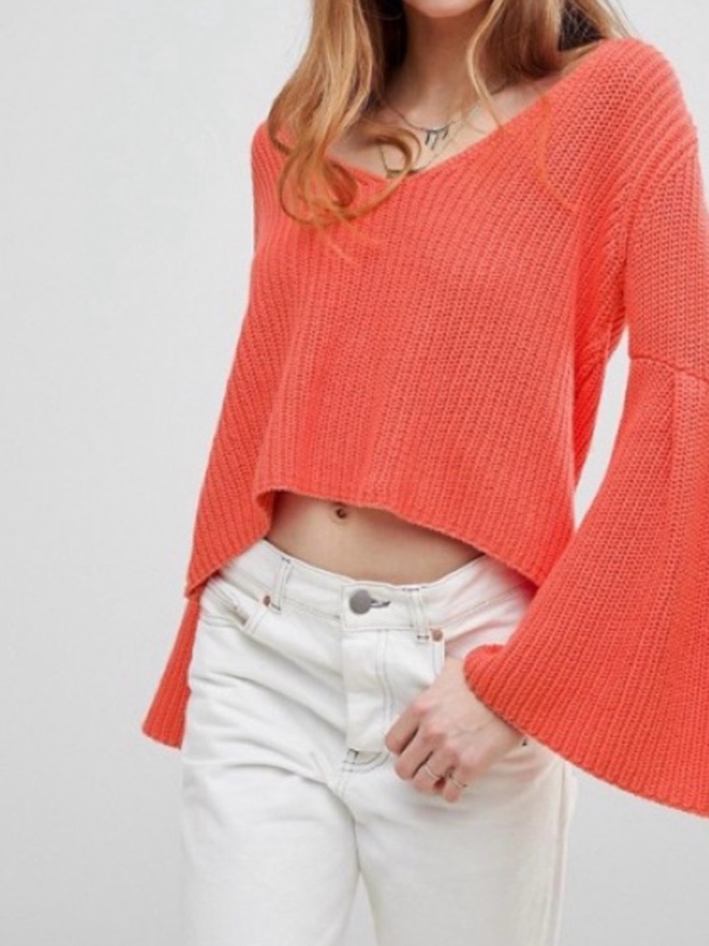 Free People Damsel Knit Bell Sleeve V-Neck Sweater Orange Crop Boho Small NWOT